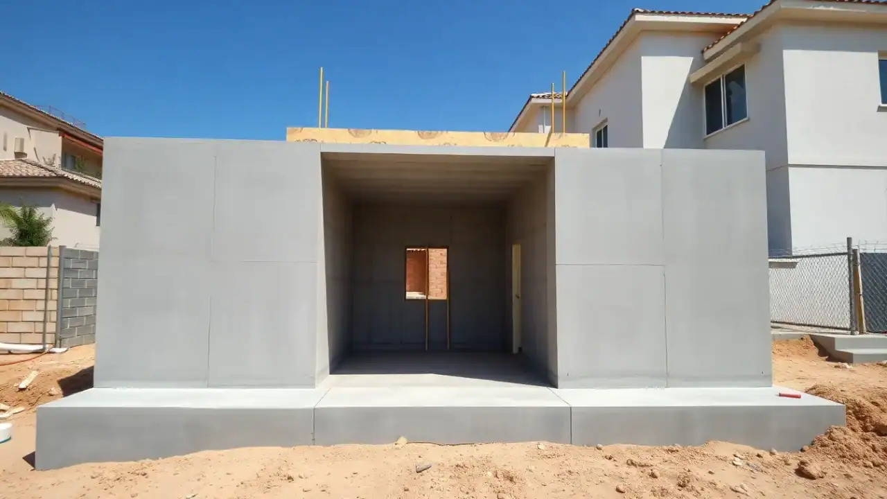 ממ"ד חדש מבטון מזוין בבנייה על רפסודת יסוד לצד בית פרטי קיים