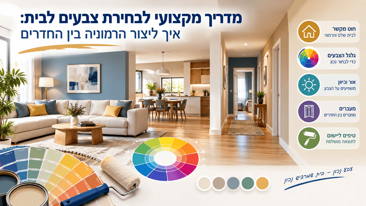 סלון ומסדרון בגווני כחול-אפור ובז חם לצד מניפת צבעים וגלגל צבעים