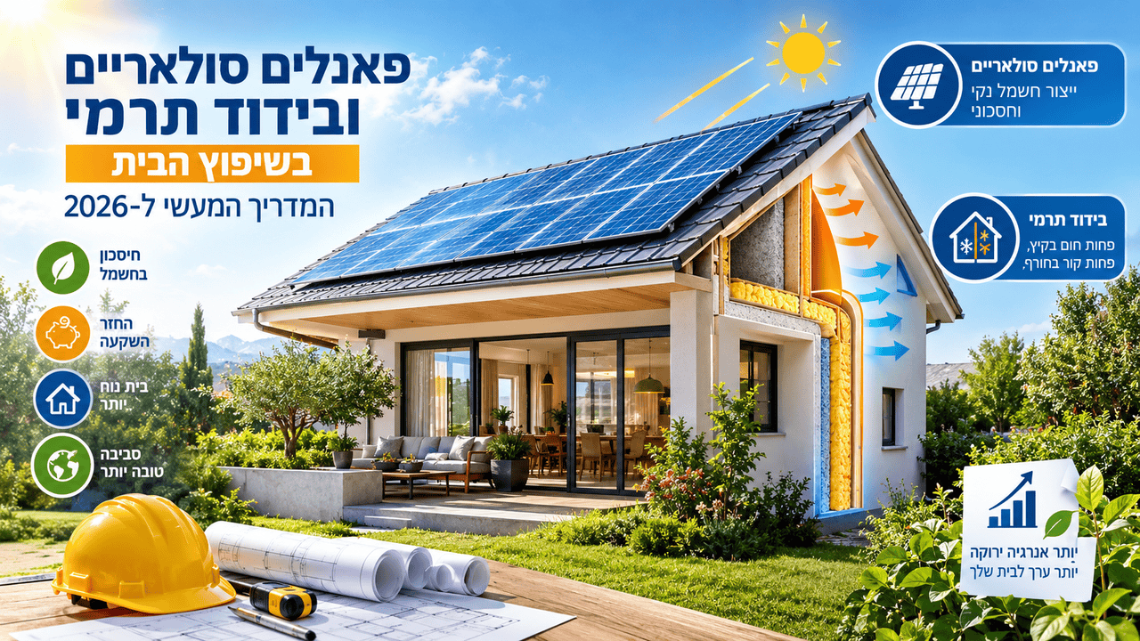 פאנלים סולאריים על גג בית פרטי לצד בידוד תרמי בקיר — שיפוץ חוסך אנרגיה