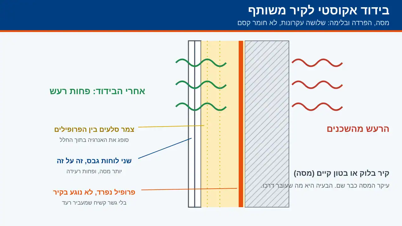 חתך קיר משותף שמראה גבס כפול, צמר סלעים ופרופיל נפרד מול קיר בלוק קיים