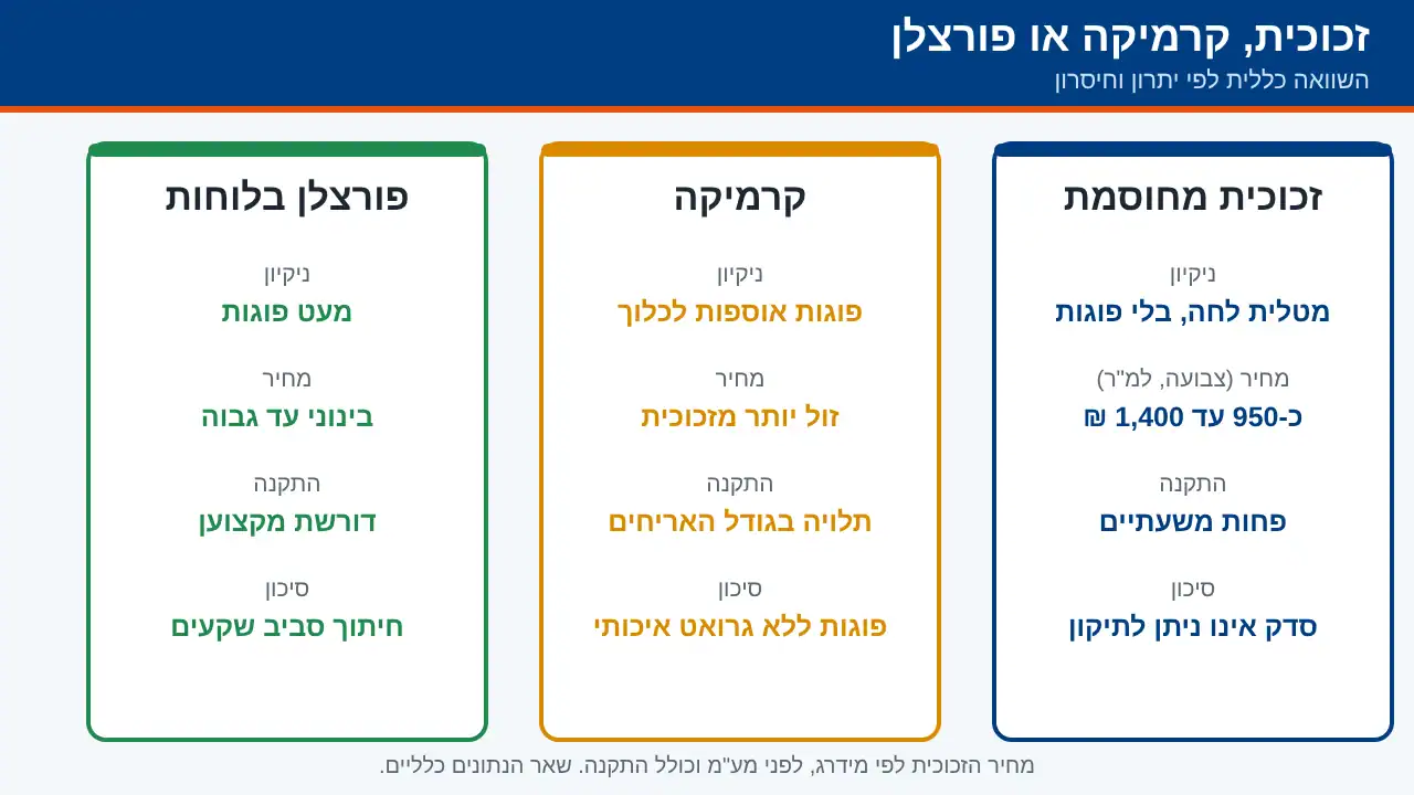 השוואה בין חיפוי זכוכית, קרמיקה ופורצלן למטבח: ניקיון, מחיר, התקנה וסיכון