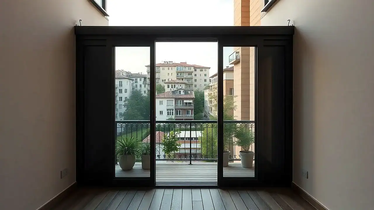 מרפסת דירה סגורה בחלונות הזזה מאלומיניום וזכוכית עם מבט אל העיר