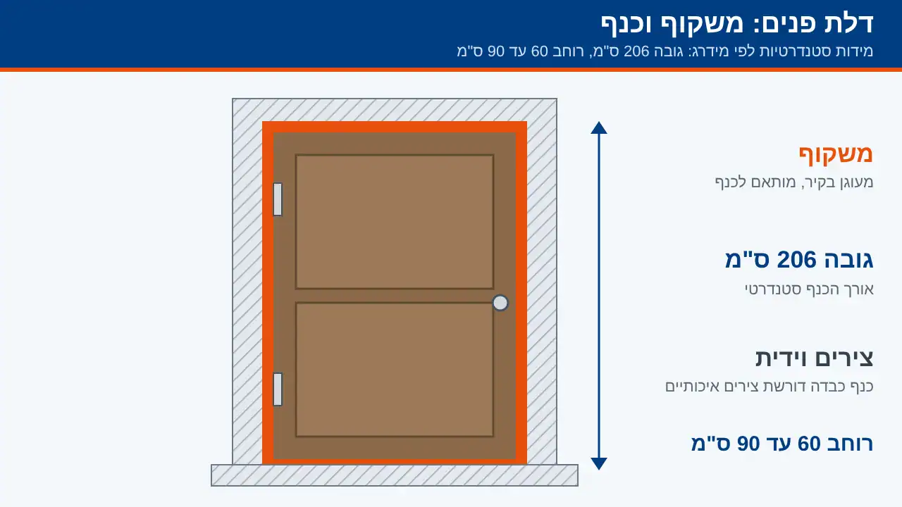 דלת פנים עם משקוף במידות סטנדרטיות: גובה 206 ס"מ ורוחב 60 עד 90 ס"מ