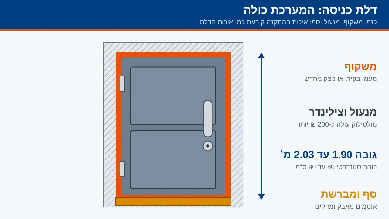 דלת כניסה מאובטחת עם משקוף, מנעול וסף ומידות סטנדרטיות