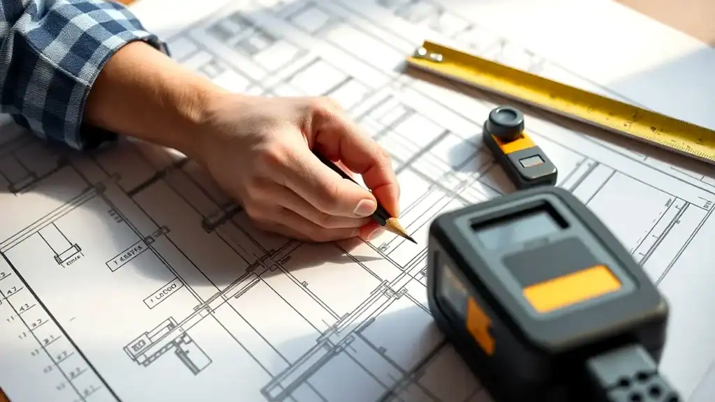 יד של מהנדס עם עיפרון על תוכניות קונסטרוקציה, סרט מדידה ומכשיר סריקה