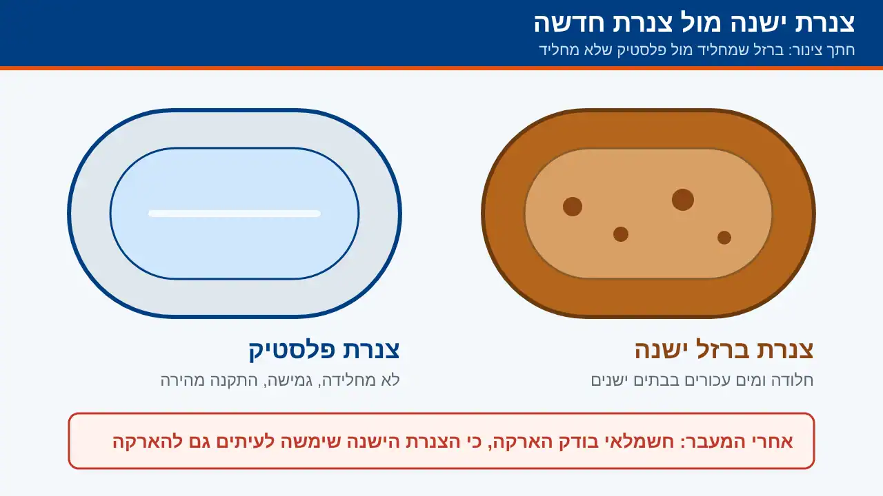 חתך של צינור ברזל חלוד לעומת צינור פלסטיק, והערה על בדיקת הארקה אחרי החלפה