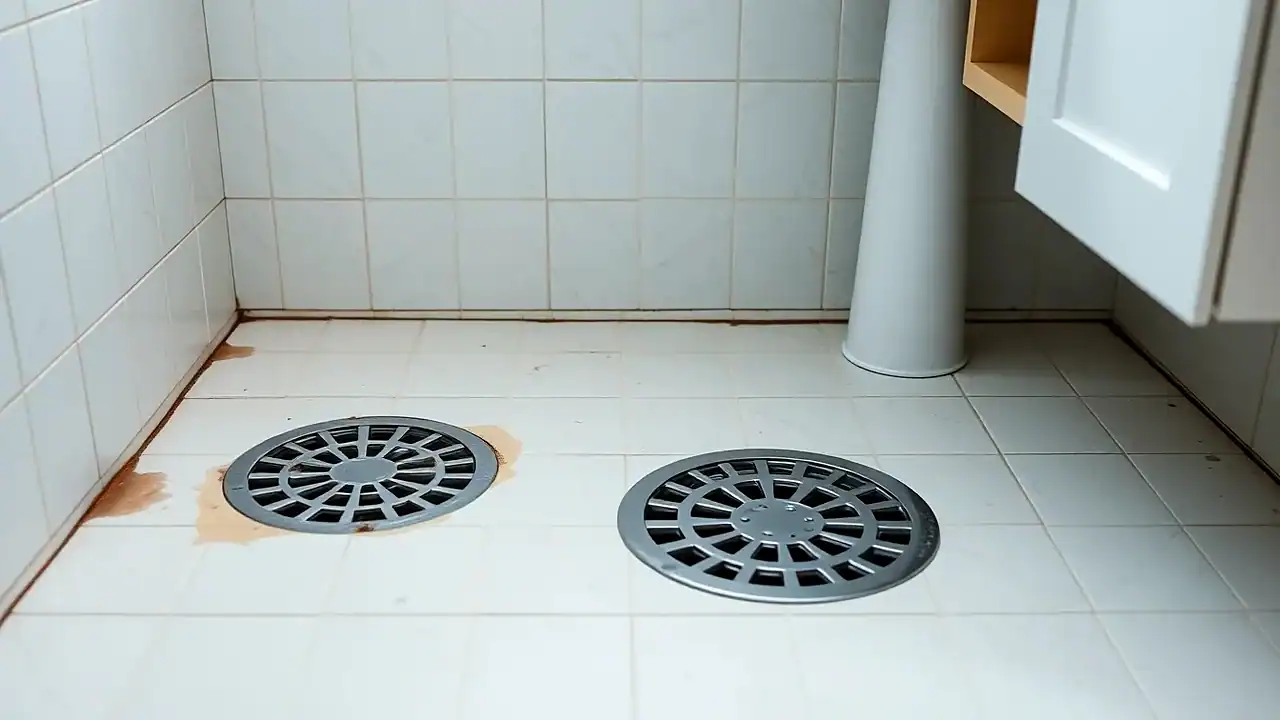 מחסום רצפה ממתכת במקלחת מרוצפת לצד ארון כיור פתוח