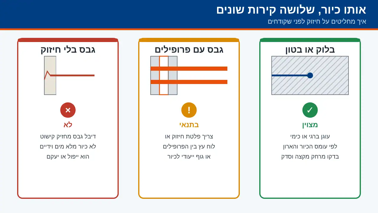 שלושה סוגי קירות ואיך מעגנים כיור בכל אחד מהם: בלוק, גבס עם פרופילים וגבס בלי חיזוק