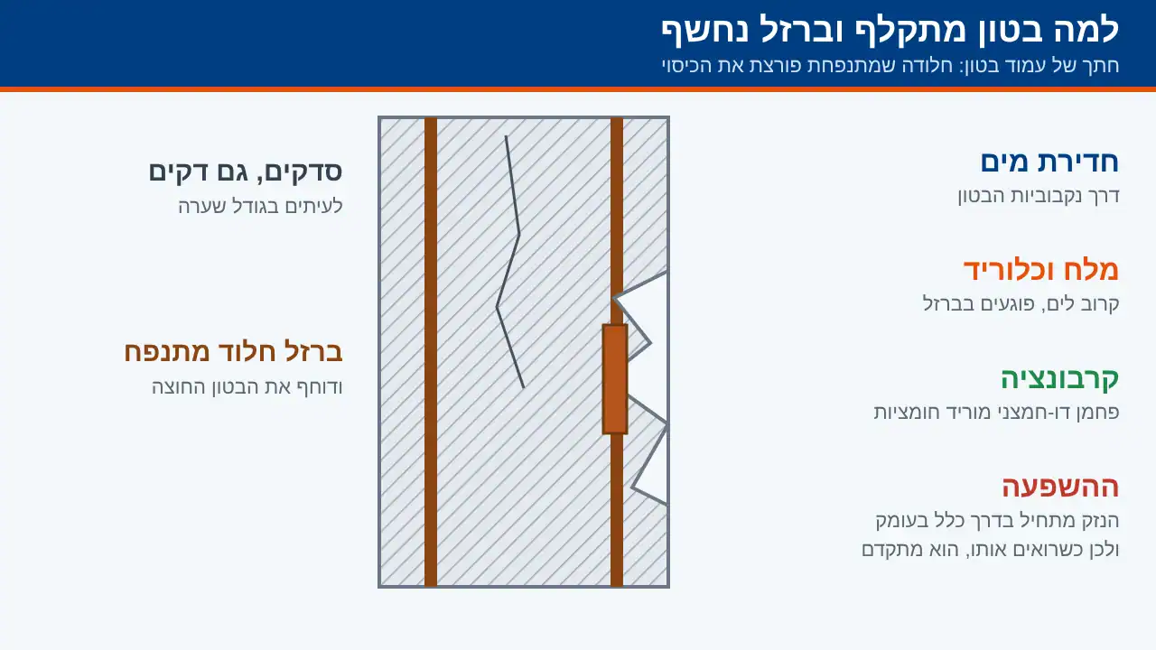 חתך עמוד בטון עם ברזל חלוד שמתנפח ופורץ את כיסוי הבטון